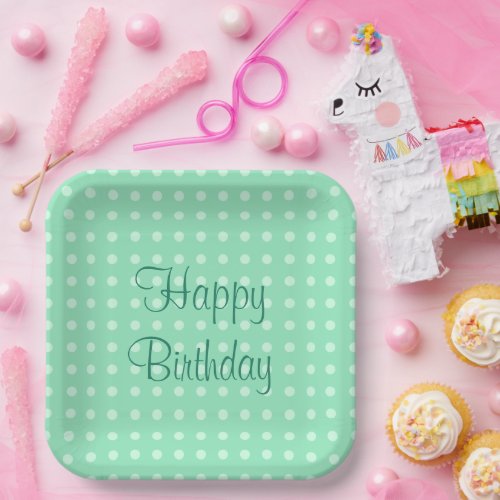 Custom Mint Green Template Happy Birthday Text Dot Paper Plates