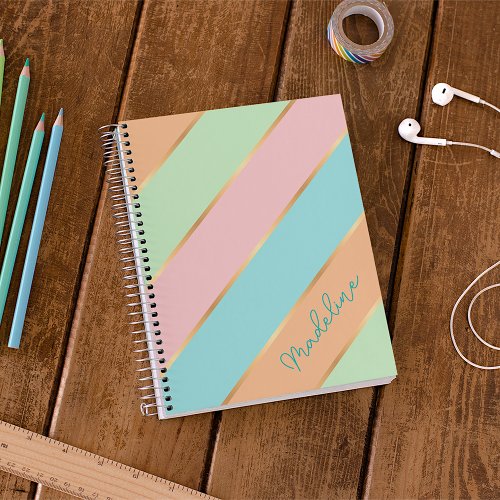Custom Mint Green Turquoise Blue Pink Gold Stripes Notebook