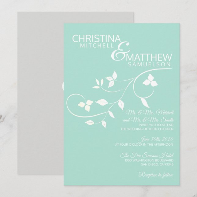 Custom MINT Green White Leaves Vine Wedding Invitation (Front/Back)