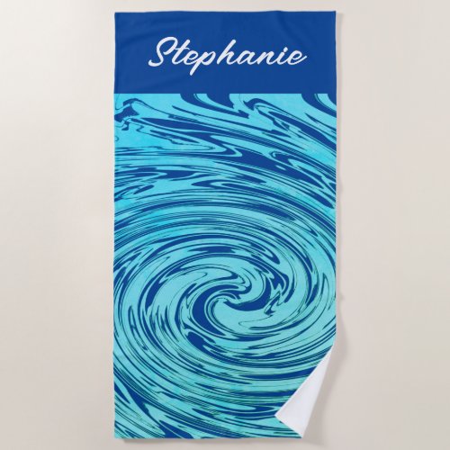 Custom  Mnogram Name Deep Blue Ocean Wave Abstract Beach Towel