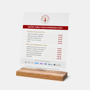 Custom Mobile Notary Fee Schedule Price List Red Acrylic Sign