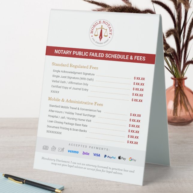 Custom Mobile Notary Fee Schedule Price List Red Table Tent (In SItu (Table))