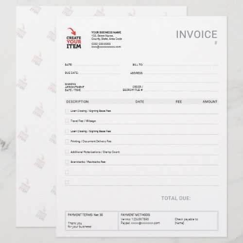 Custom Mobile Notary Invoice Template Checklist Letterhead