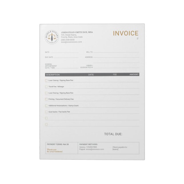 Custom Mobile Notary Legal Signing invoice Gray Notepad (Rotated)