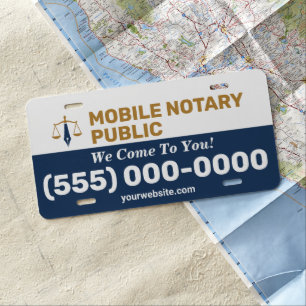 Custom Mobile Notary Legal Signing Navy Blue Gold License Plate