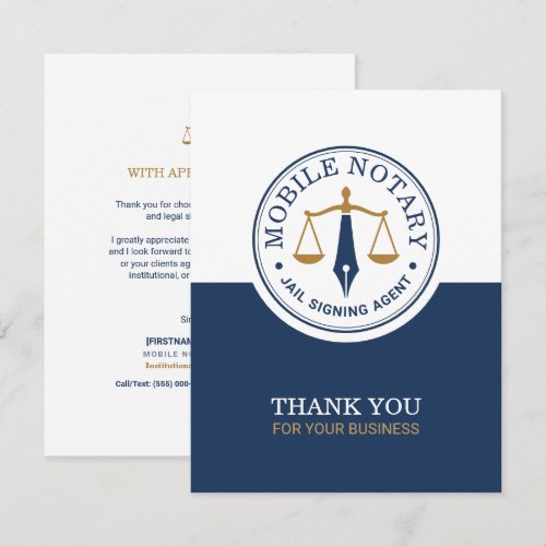 Custom Mobile Notary Legal Signing Navy Blue Gold Thank You Card