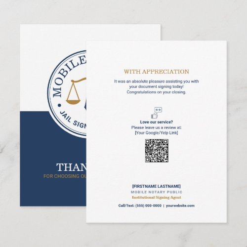 Custom Mobile Notary Legal Signing Navy Gold QR Thank You Card