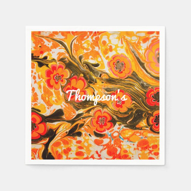 Custom Mod Mid Century Orange Flowers Yellow Brown Napkins (Front)