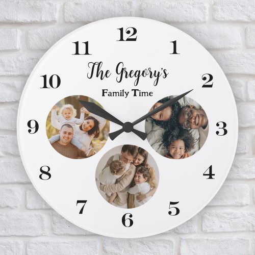 Custom Modern 3 Photo Collage Fun Family Time Pun Large Clock