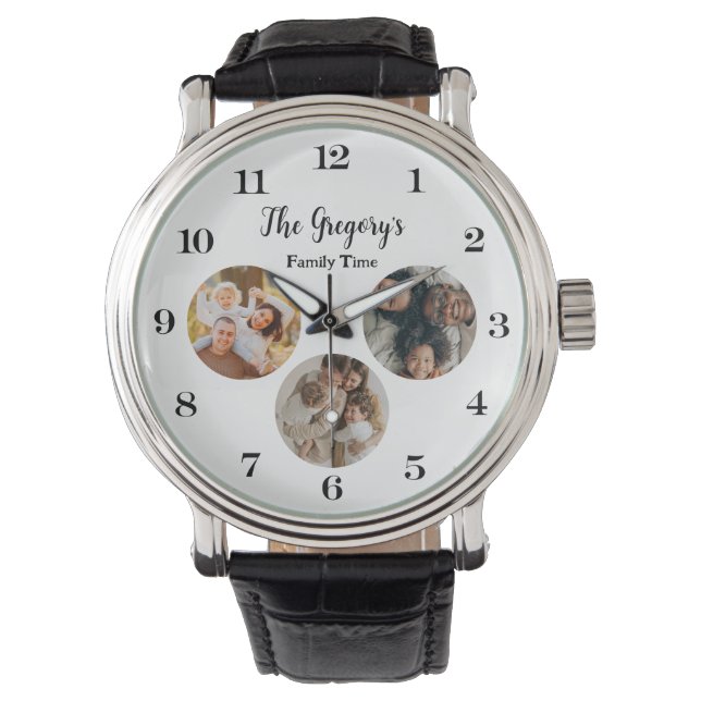 Custom Modern 3 Photo Collage Fun Family Time Pun Watch (Front)
