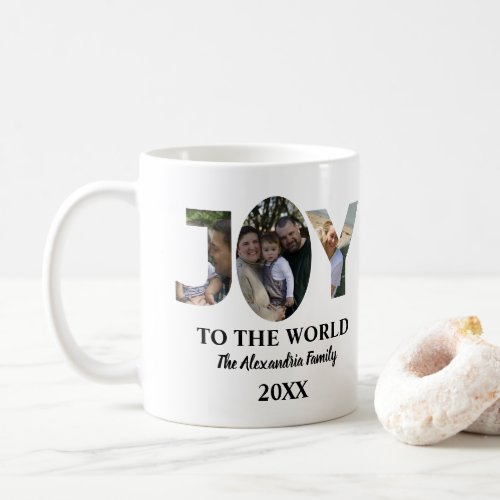 Custom modern 3 photo collage joy to the world coffee mug