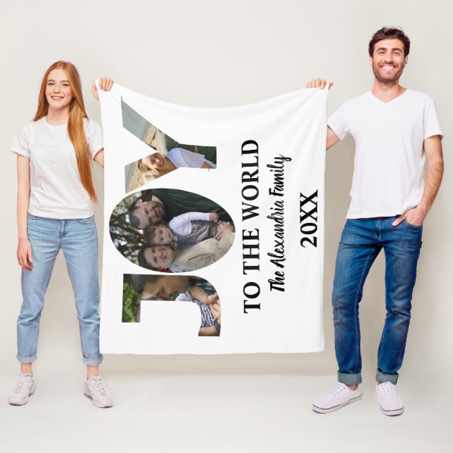 Custom modern 3 photo collage joy to the world fleece blanket (In Situ)