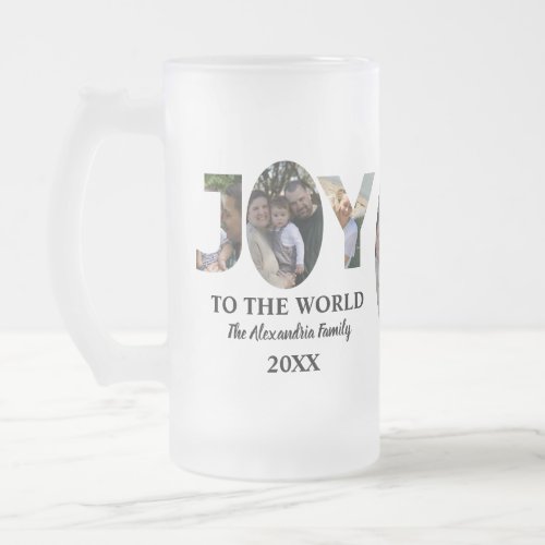 Custom modern 3 photo collage joy to the world frosted glass beer mug