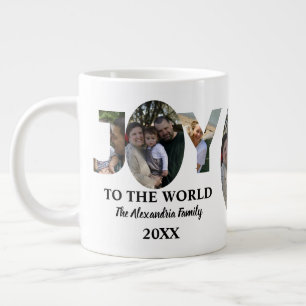 Custom modern 3 photo collage joy to the world giant coffee mug