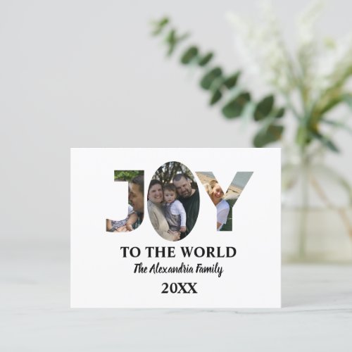 Custom modern 3 photo collage joy to the world postcard