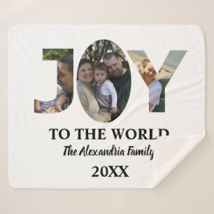 Custom modern 3 photo collage joy to the world sherpa blanket