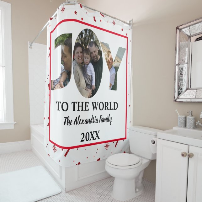 Custom modern 3 photo collage joy to the world shower curtain (In Situ)