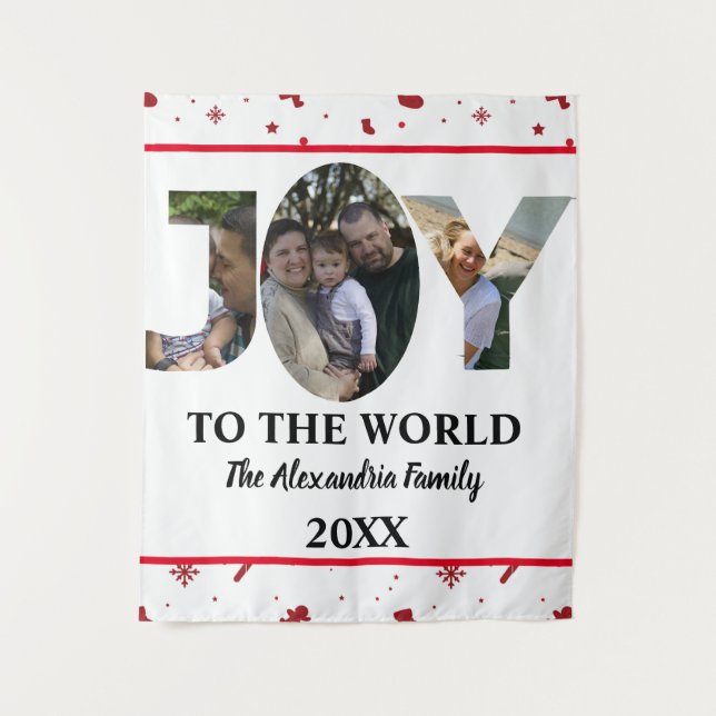 Custom modern 3 photo collage joy to the world tapestry (Front)