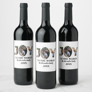 Custom modern 3 photo collage joy to the world wine label
