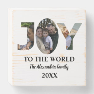 Custom modern 3 photo collage joy to the world wooden box sign