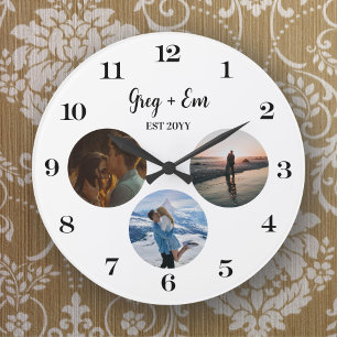 Custom Modern 3 Photo Collage Newly Weds  Large Clock