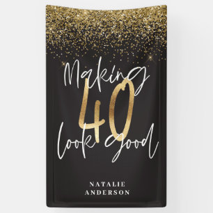 Custom modern 40th birthday black and gold chic banner