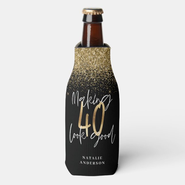 Custom modern 40th birthday black and gold chic bottle cooler (Bottle Front)