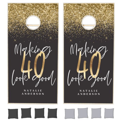 Custom modern 40th birthday black and gold chic cornhole set