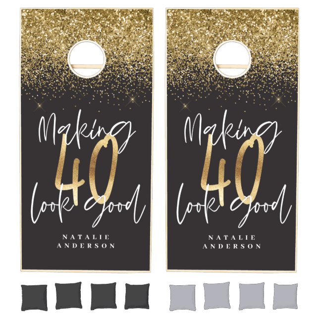 Custom modern 40th birthday black and gold chic cornhole set (Set)