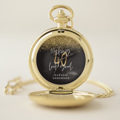 Custom modern 40th birthday black and gold chic pocket watch