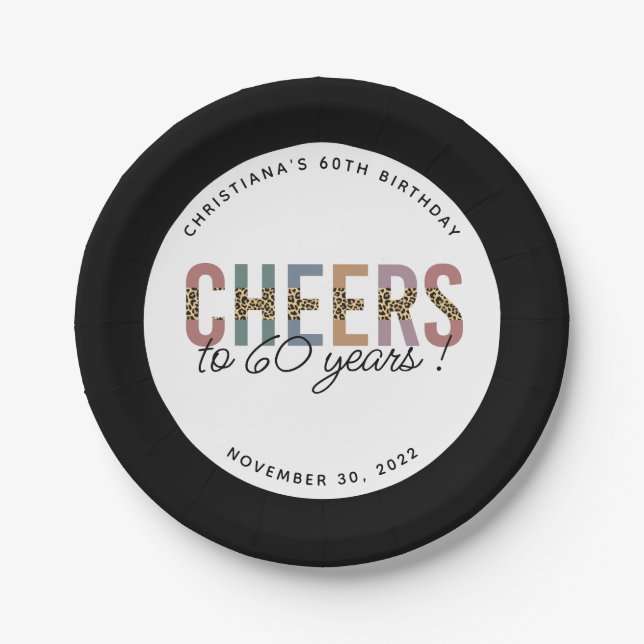 Custom Modern 60th Birthday  Leopard Typography Paper Plates (Front)