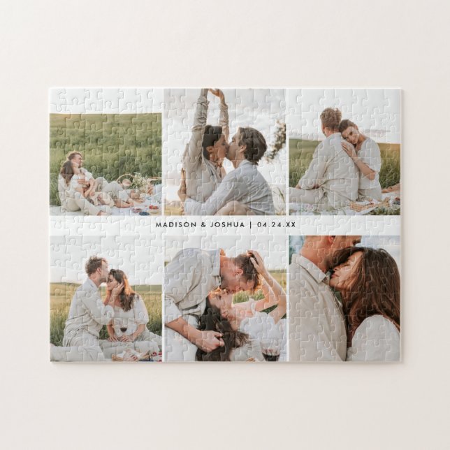 Custom Modern 6-Photo Collage Wedding Couple Jigsaw Puzzle (Horizontal)