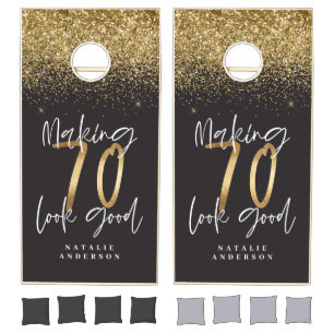 Custom modern 70th birthday black and gold chic cornhole set