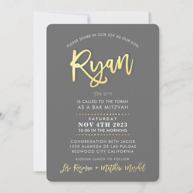 CUSTOM modern Bar Mitzvah for RYAN gray faux gold Invitation (Front)