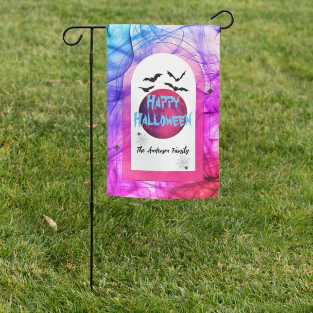 Custom Modern Bats Black Purple Happy Halloween Garden Flag (In SItu)