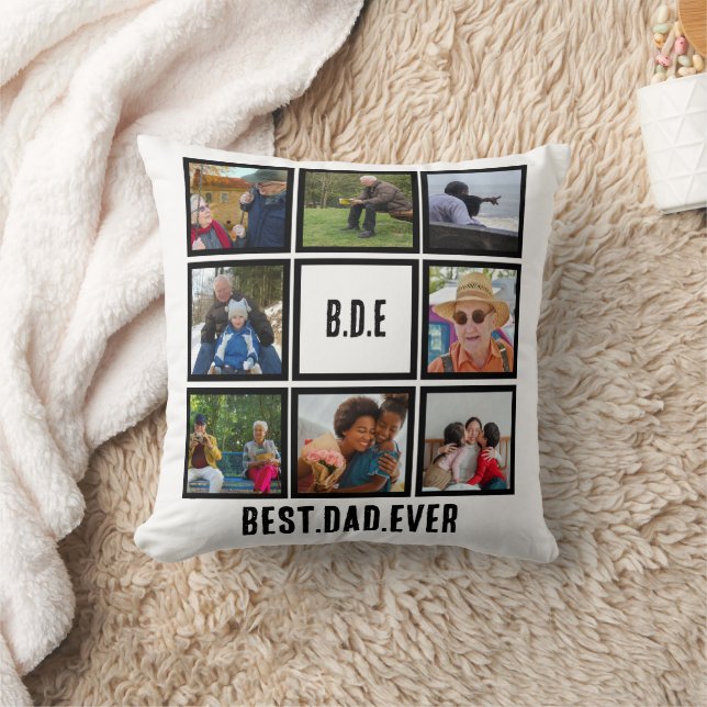 Custom Modern BDE Best Dad Ever 8 Photo Collage Throw Pillow (Blanket)