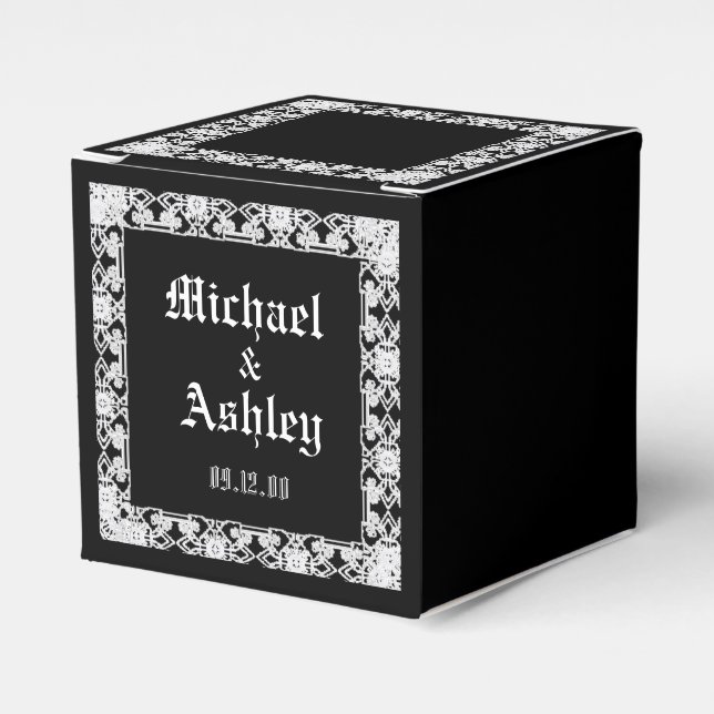 Custom Modern Black And White Lace Monogram Favor Boxes (Front Side)