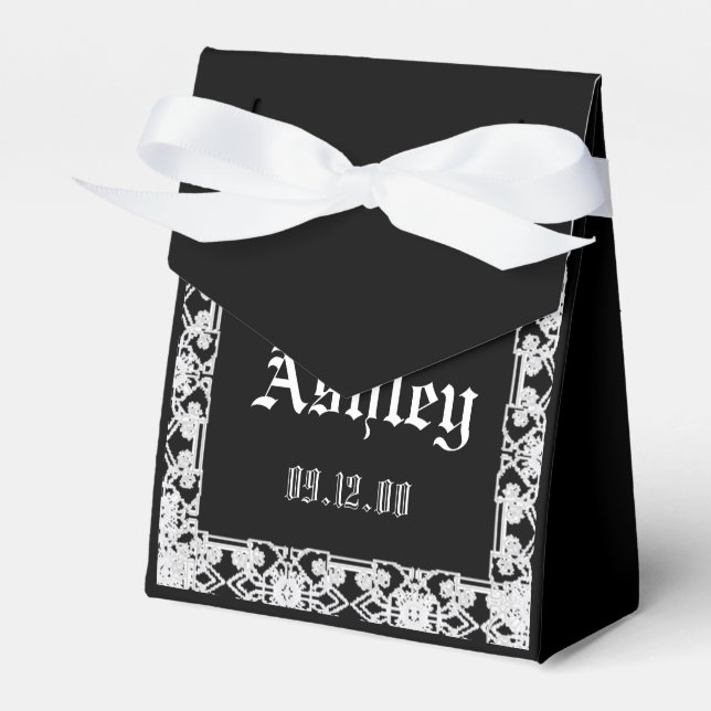 Custom Modern Black And White Lace Monogram  Favor Boxes (Front Side)
