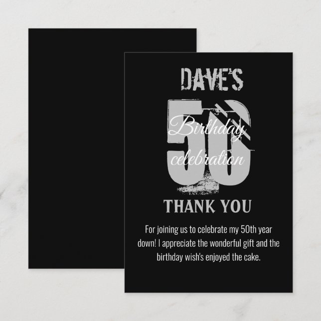 Custom Modern Black Any Age 50 Birthday  Thank You Card (Front/Back)