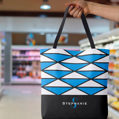 Custom Modern Black Blue Chic Geometric Pattern Tote Bag