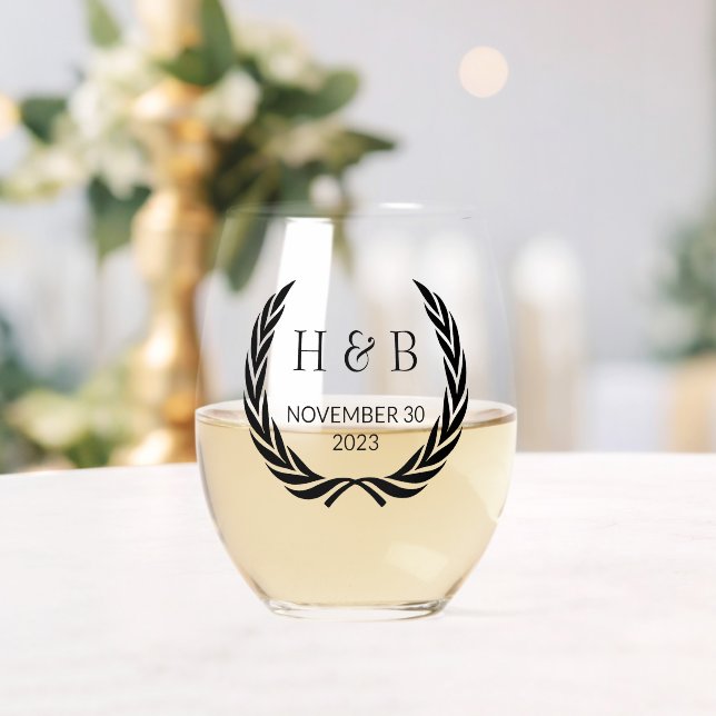 Custom Modern Black Calligraphy Couple Initials Stemless Wine Glass (Insitu (Wedding))