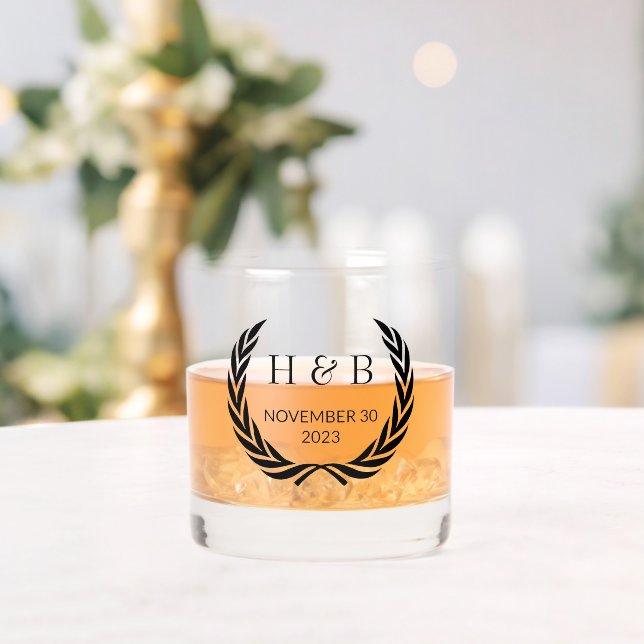 Custom Modern Black Calligraphy Couple Initials Whiskey Glass (Insitu (Wedding))