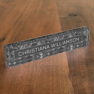 Custom Modern Black Faux Glitter Pattern Desk Name Plate