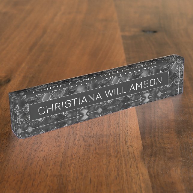 Custom Modern Black Faux Glitter Pattern Desk Name Plate (Side)