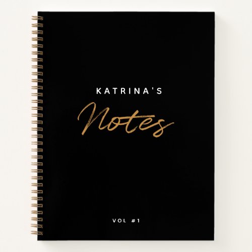 Custom Modern Black Gold Minimalist Script Notebook