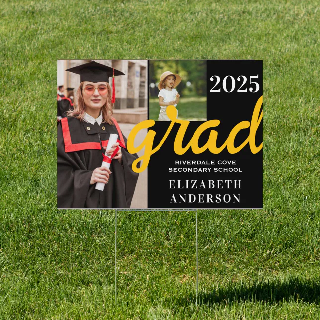 Custom Modern Black Grad with Two Photos Yard Sign | Zazzle