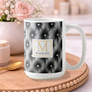 Custom Modern Black Leather Name Initial Mug
