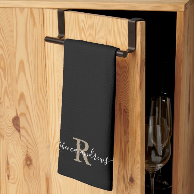 Custom Modern Black Monogram Script Initial Name Kitchen Towel (Thirds Fold)