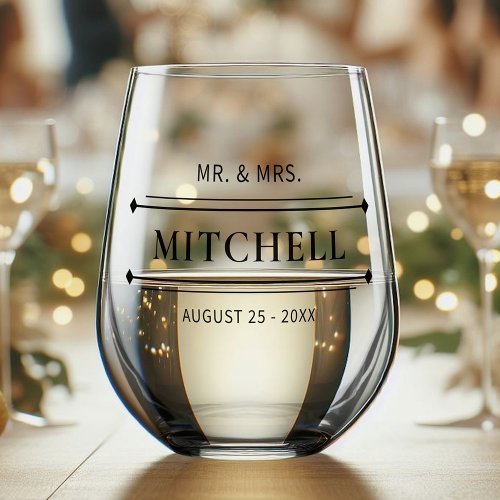 Custom Modern Black Mr And Mrs Wedding Date Stemless Wine Glass