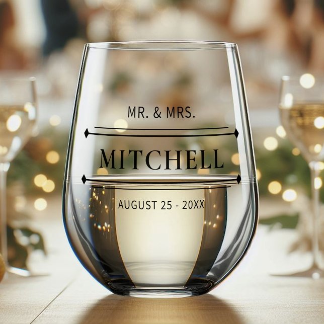 Custom Modern Black Mr. And Mrs. Wedding Date Stemless Wine Glass (Creator Uploaded)